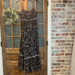 Cleo Wolf Maxi Dress M Dk Brown Floral Print Button Front Boho